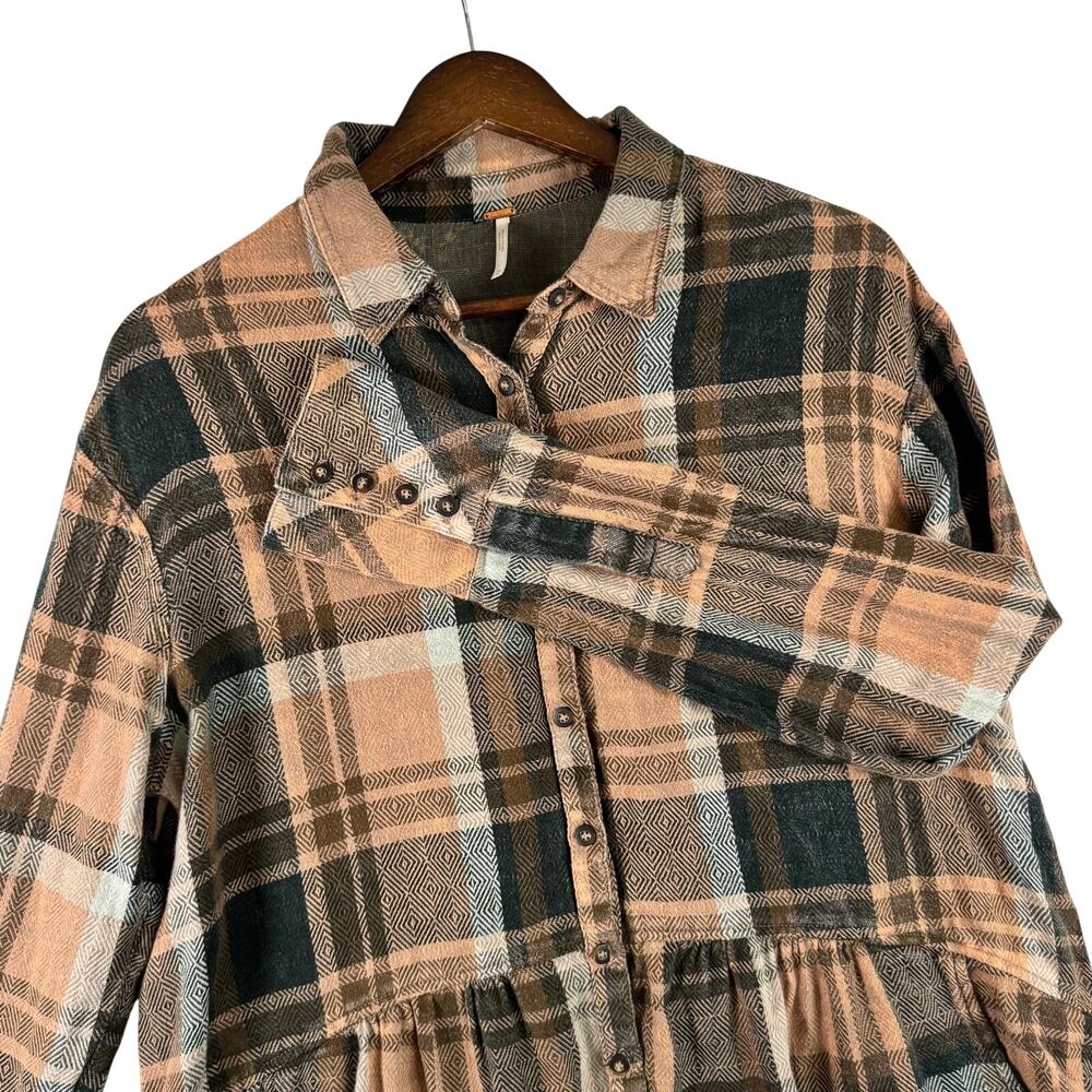 Free People Women’s M Easy Street Top Plaid Flannel Tunic Button Front Pockets